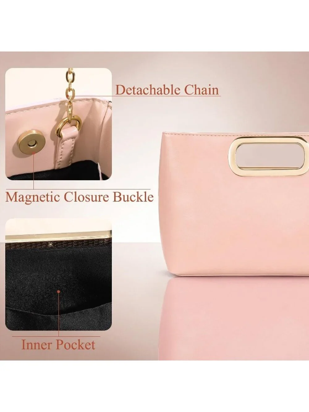Women's Pink Clutch Handbag Modern Faux Leather with Metal Handle Evening Bag